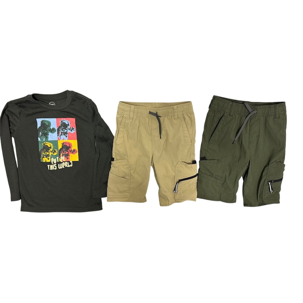 Boys Wrangler Cargo Shorts & Wonder Nation Space Shirt Set Size 6/7 Khaki Olive